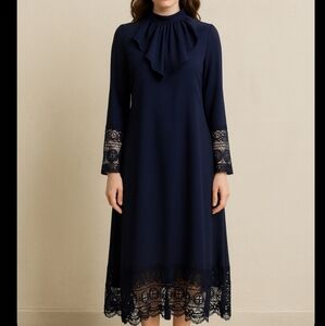 SHEIN Navy Smocked Midi Dress Ruffle Collar Lace Trim XS